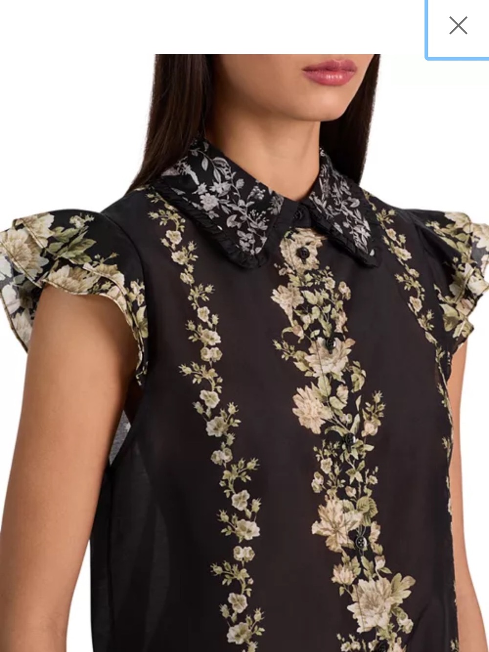 Alice + Olivia Black Floral Button-Up Ruffle Sleeve Blouse